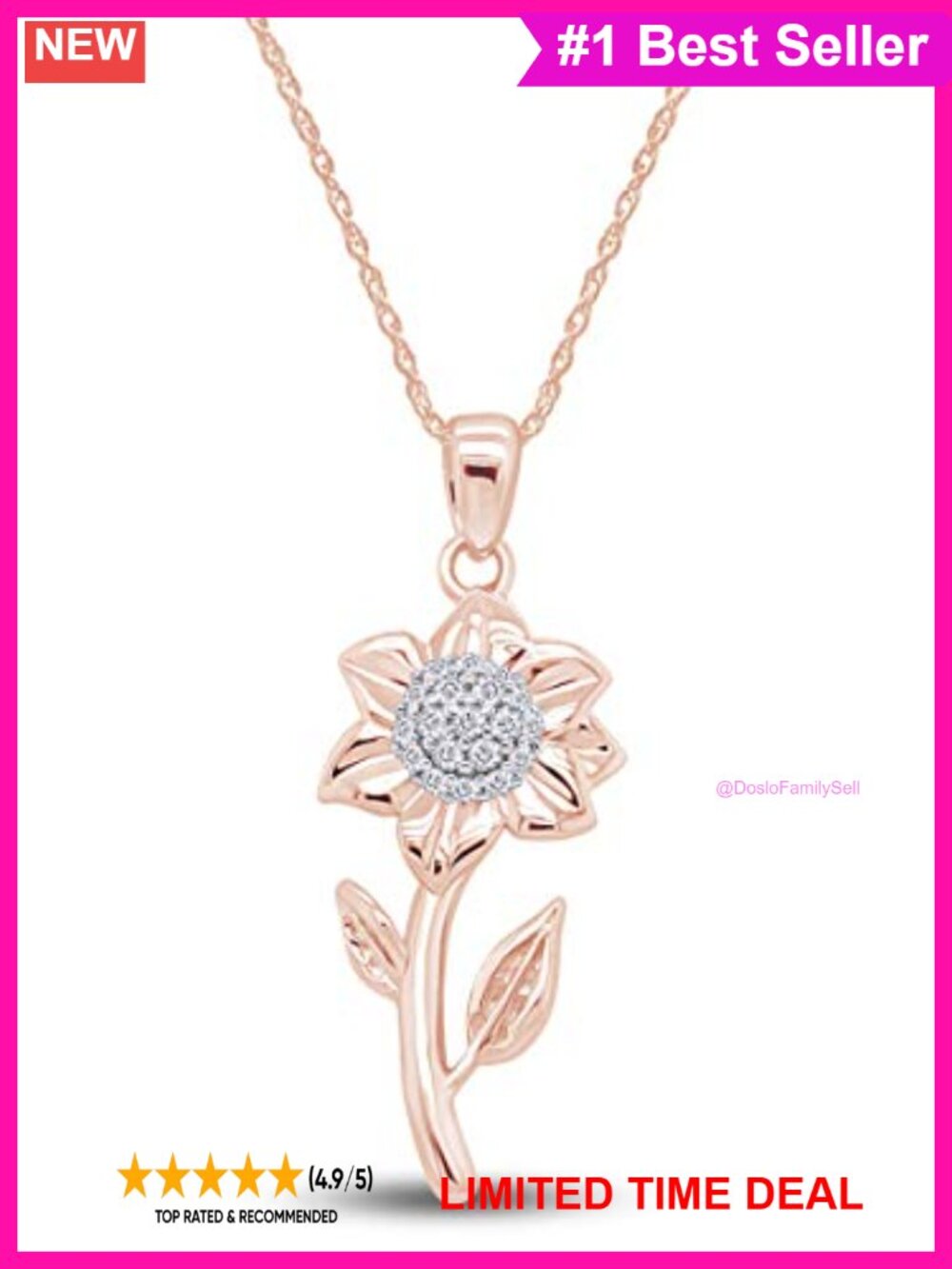 Sunflower Pendant Necklace 14k Rose Gold Over Sterling Silver CZ Rope Chain 18in